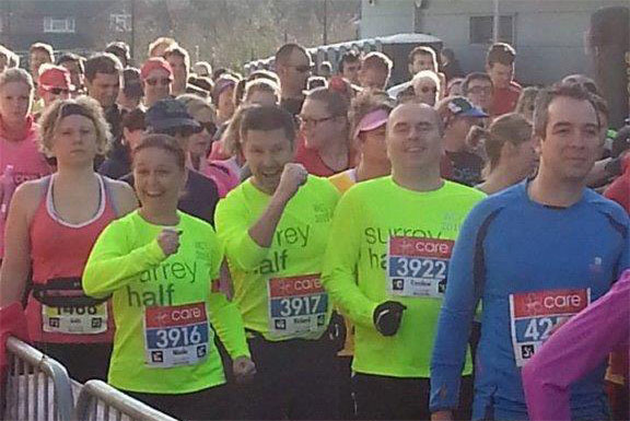 All for a good cause - the Bustler Team start the 2015 Woking Half-Marathon - Close up